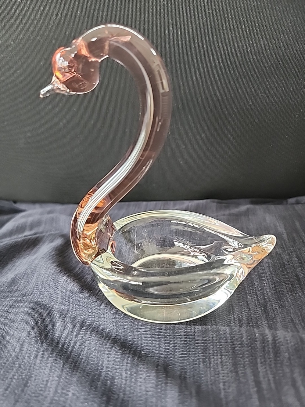 Vtg Art Glass Swan Dish Clear w/ Pink Neck Trinket Ring Tealight Candle Holder